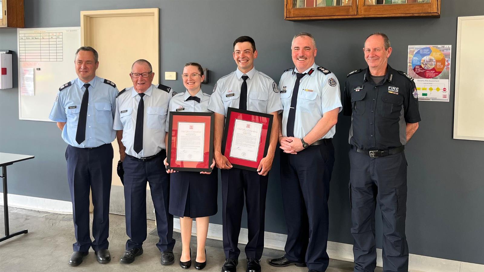 DCO Trevor Owen, Drouin Fire Brigade member John Atkins, recipients Tamara Leuridan and Quentin Leuridan, CO Jason Heffernan and Commander Greg Fisher